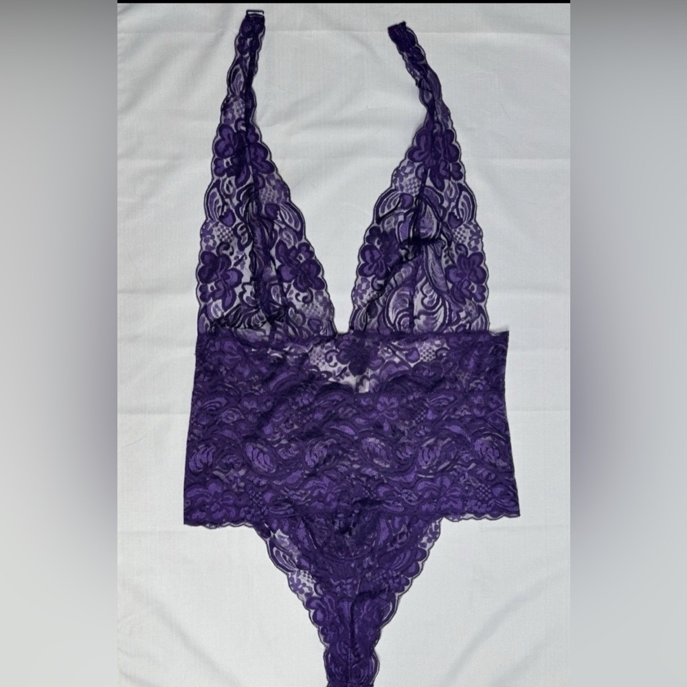 Adore Me Women’s Ellenora Dark Lilac  Lace Halter Plunge Teddy XL NWT